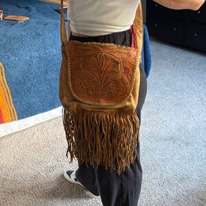 Artisan Fringe Crossbody Bag in Tan and Brown